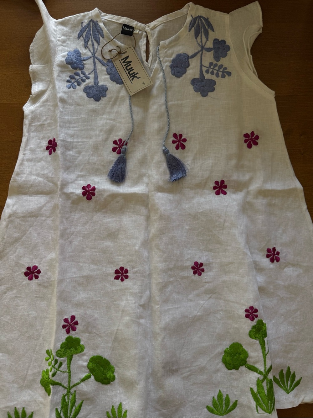 White Embroidered Girls' Casual Dress with Lavender & Green Accents
